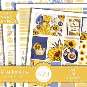 Sunflower Planner Stickers, Happy Planner Weekly Stickers Kit, Floral Planner Stickers, Printable Planner Stickers, Fichiers coupés, HP185