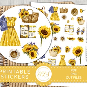 Pegatinas del planificador de girasoles, pegatinas del planificador de verano, pegatinas imprimibles, pegatinas BuJo, pegatinas de diario, pegatinas de álbumes de recortes, DS182