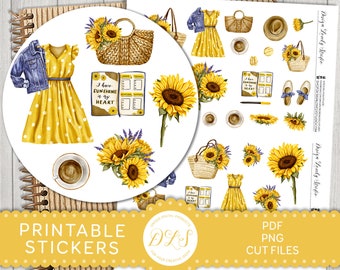 Sunflower Planner Stickers, Summer Planner Stickers, Printable Stickers, BuJo Stickers, Journaling Stickers, Scrapbook Stickers, DS182
