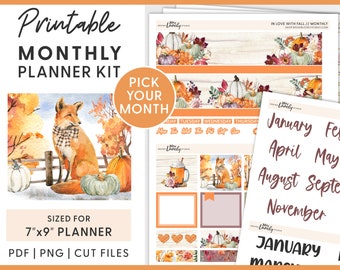 Op de afbeelding: Printbare maandelijkse plannerset met een herfstthema. De set bevat een vos, pompoenen, bladeren en een koffiemok. De set is geschikt voor een planner van 17,78 cm x 22,86 cm en bevat PDF-, PNG- en snijbestanden.