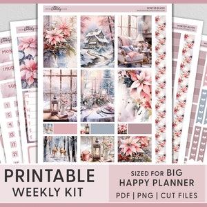 Kerstplannerstickers, winterstickers, december wekelijkse stickers, afdrukbare grote gelukkige planner stickers, wekelijkse stickerkit, BW218