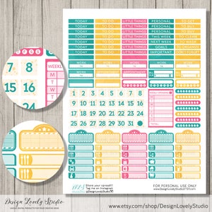 May include: A set of colorful planner stickers with a variety of designs, including boxes, circles, and numbers. The stickers are perfect for organizing your planner and adding a touch of personality.