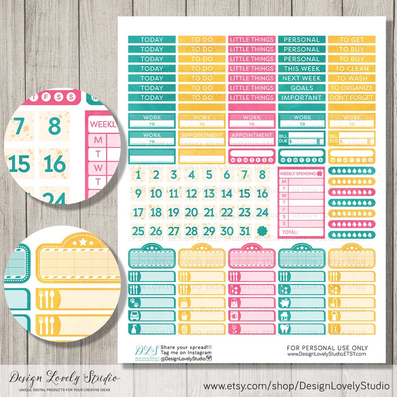 May include: A set of colorful planner stickers with a variety of designs, including boxes, circles, and numbers. The stickers are perfect for organizing your planner and adding a touch of personality.