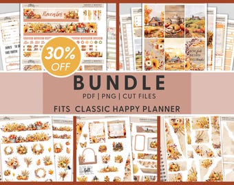 Könnte beinhalten: Ein digitales Planer-Sticker-Paket mit Herbst-Ernte-Thema. Die Sticker zeigen Illustrationen von Kürbissen, Sonnenblumen, Weizen und einem Bauernhaus. Der Text "30% OFF" und "BUNDLE" ist ebenfalls im Bild enthalten. Die Sticker sind für einen klassischen Happy Planner konzipiert.