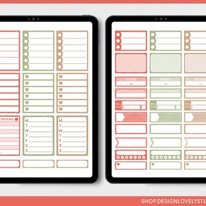 May include: Two digital planner layouts on tablets. The layouts feature a color scheme of red, green, and tan. The designs include boxes for notes, appointments, and weekly spending. The text "WORK", "APPOINTMENT", and "BILL DUE" are visible. The website address "SHOP.DESIGNLOVELYSTUDIO.COM" is at the bottom.