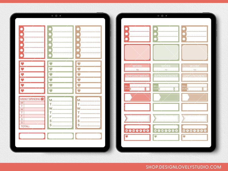 May include: Two digital planner layouts on tablets. The layouts feature a color scheme of red, green, and tan. The designs include boxes for notes, appointments, and weekly spending. The text "WORK", "APPOINTMENT", and "BILL DUE" are visible. The website address "SHOP.DESIGNLOVELYSTUDIO.COM" is at the bottom.