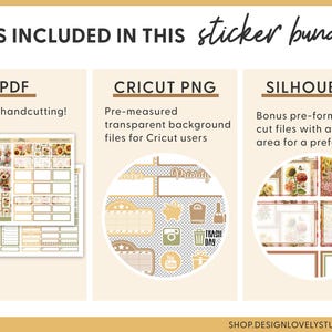 May include: An image showcasing a sticker bundle with PDF, Cricut PNG, and Silhouette file formats. The PDF files are ideal for hand cutting. The Cricut PNG files offer pre-measured transparent background files. Silhouette files provide pre-formatted cut files.