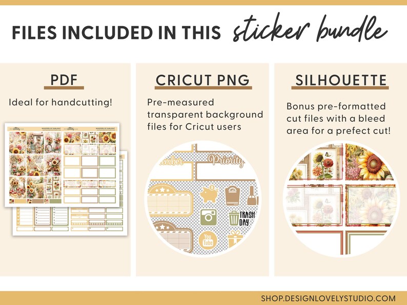 May include: An image showcasing a sticker bundle with PDF, Cricut PNG, and Silhouette file formats. The PDF files are ideal for hand cutting. The Cricut PNG files offer pre-measured transparent background files. Silhouette files provide pre-formatted cut files.