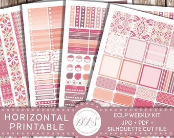 ECLP Horizontal Planner Kit, Printable Horizontal Planner Stickers, Weekly Planner Kit, Boho Planner Stickers, Pink Planner Stickers, HS103