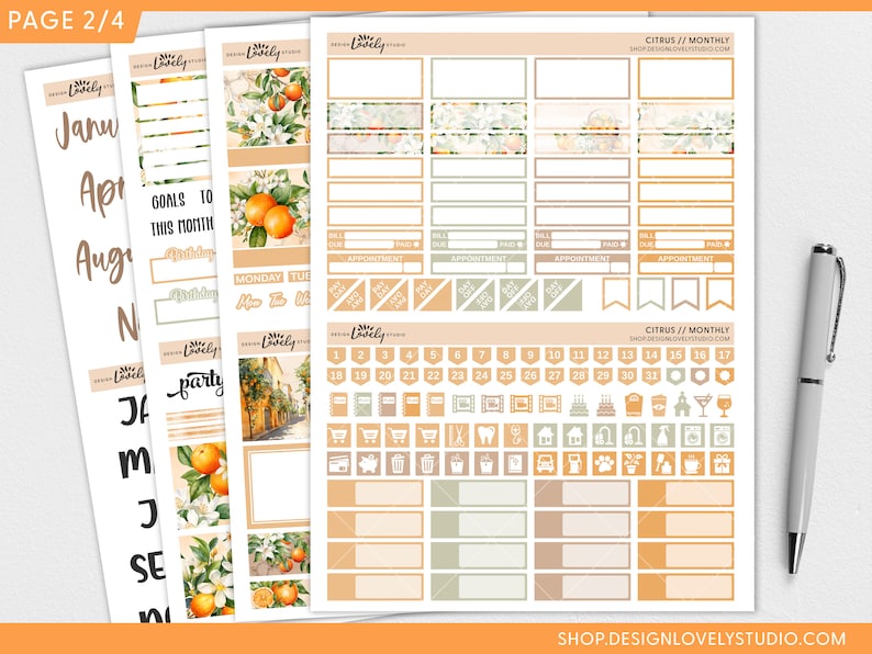 Puede incluir: Un conjunto de pegatinas imprimibles para planificadores con tem&aacute;tica c&iacute;trica. Las pegatinas presentan ilustraciones de naranjas, limones y flores, as&iacute; como cuadros de texto, cuadr&iacute;culas de calendario y otros elementos esenciales para planificadores. Las pegatinas est&aacute;n dise&ntilde;adas en una paleta de colores clara y aireada con tonos de naranja, amarillo, verde y marr&oacute;n.