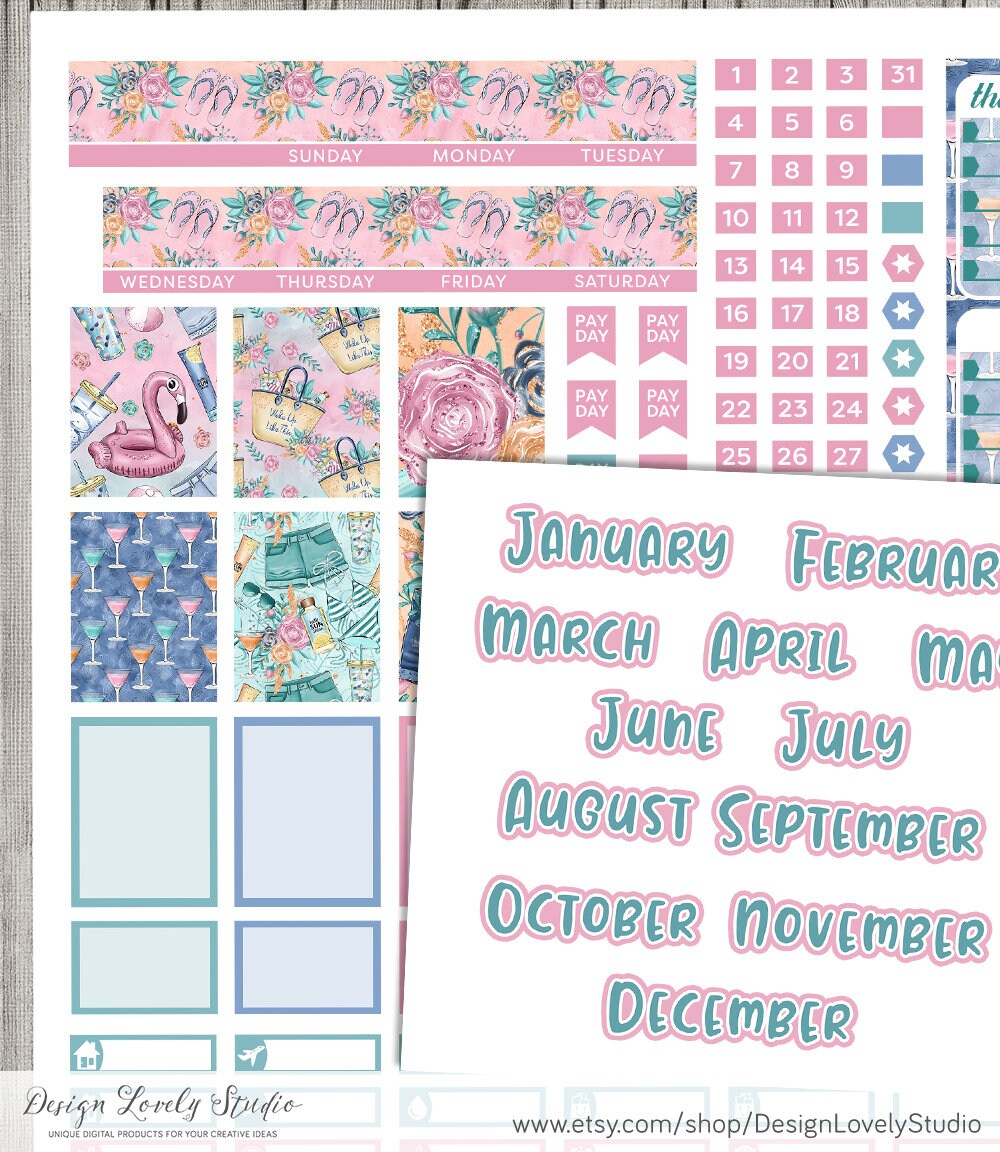 Mini Happy Planner Printable Monthly Stickers, Beach Planner Stickers ...