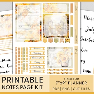 May include: Printable planner notes page kit with a sunflower theme. The kit includes a monthly calendar, notes pages, goal pages, and reminder pages. The kit is sized for a 7" x 9" planner.