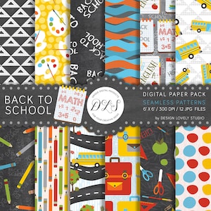 Back To School Digital Paper, School Backgrounds, Chalkboard Doddles, Teacher Digi Paper, School Bus, First Day of School, Seamless, DP109