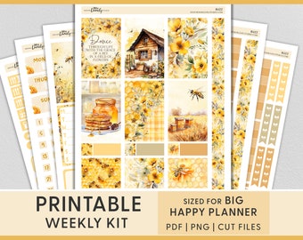 Honey Bee Printable Planner Stickers, Big Happy Planner Stickers, Weekly Sticker Kit, Spring Journal Stickers, Including Cut Files, BW226