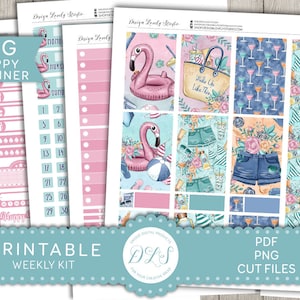 Beach Day Planner Stickers, Big Happy Planner Printable Stickers Kit, Flamingo Planner Stickers, Weekly Kit, Summer Planner Stickers, BW140