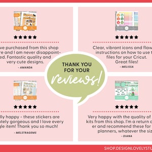 May include: Four customer reviews with five-star ratings for a sticker shop. The reviews highlight the quality of the stickers, the ease of use, and the overall satisfaction of the customers. The reviews are displayed on a pink background with a green speech bubble that says "THANK YOU FOR YOUR REVIEWS!"