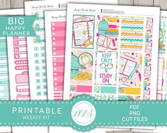 Printable BACK TO SCHOOL Planner Stickers, Big Happy Planner Weekly Stickers Kit, Student Planner Stickers, School Planner Kit, BW144