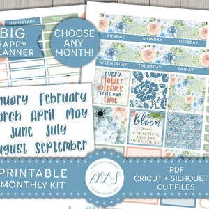 Printable FLORAL Monthly Stickers Kit, Big Happy Planner Monthly Planner Stickers, Choose Your Month Planner Stickers, Cut Files, BM173