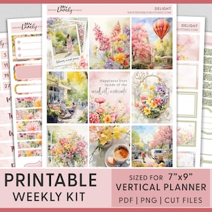 Printable Floral Planner Stickers, Summer Stickers, Spring Stickers, Romantic, Vertical Weekly Sticker Kit, Erin Condren Stickers, VS259