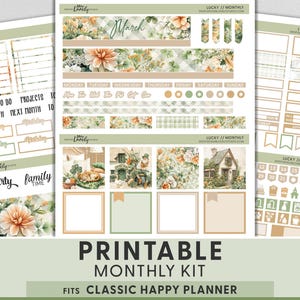 May include: Printable monthly kit for Classic Happy Planner. The kit features floral and plaid patterns in shades of green, peach, and beige. Includes stickers for goals, birthdays, and appointments, plus decorative elements and labels for each day of the week.