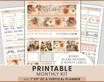 September Fall Floral Printable Planner Stickers, Erin Condren Monthly Kit, Autumn Greenhouse, Any Month Included, MV301