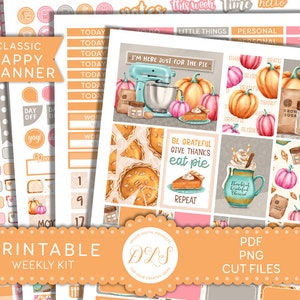 Kit de adesivos para planejador de ação de graças para impressão, planejador feliz semanal para impressão, adesivos para planejador de torta de abóbora, adesivos para planejador de outono, HP173