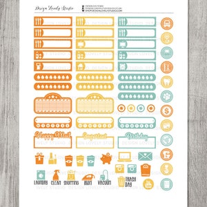 May include: A sheet of colorful planner stickers with various icons and labels. The stickers are in shades of orange, yellow, blue, and green. The stickers include icons for laundry, cleaning, shopping, ironing, vacuuming, trash day, YouTube, and more. The stickers also include labels for "Happy Mail", "Important", "Birthday", and "Meeting".