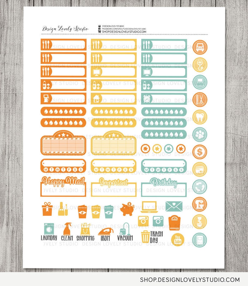 May include: A sheet of colorful planner stickers with various icons and labels. The stickers are in shades of orange, yellow, blue, and green. The stickers include icons for laundry, cleaning, shopping, ironing, vacuuming, trash day, YouTube, and more. The stickers also include labels for "Happy Mail", "Important", "Birthday", and "Meeting".