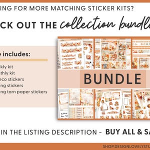 May include: A collage of sticker sheets featuring a floral design with orange, yellow, and white colors. The text "BUNDLE" is in the center of the image. The text "CHECK OUT THE collection bundles!" is at the top of the image. The text "LINK IN THE LISTING DESCRIPTION - BUY ALL & SAVE!" is at the bottom of the image.