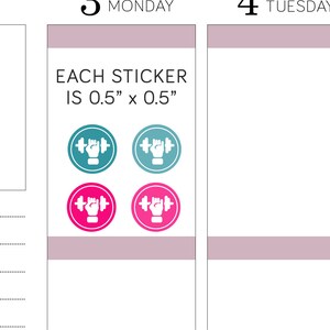 May include: Four fitness themed stickers, two teal and two pink, with a white hand holding a dumbbell. Each sticker is 0.5 inches by 0.5 inches. The text "EACH STICKER IS 0.5" x 0.5" is printed on a pink background.