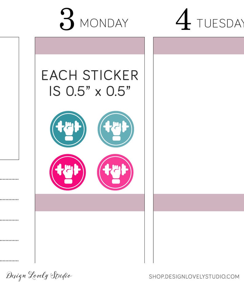 May include: Four fitness themed stickers, two teal and two pink, with a white hand holding a dumbbell. Each sticker is 0.5 inches by 0.5 inches. The text "EACH STICKER IS 0.5" x 0.5" is printed on a pink background.
