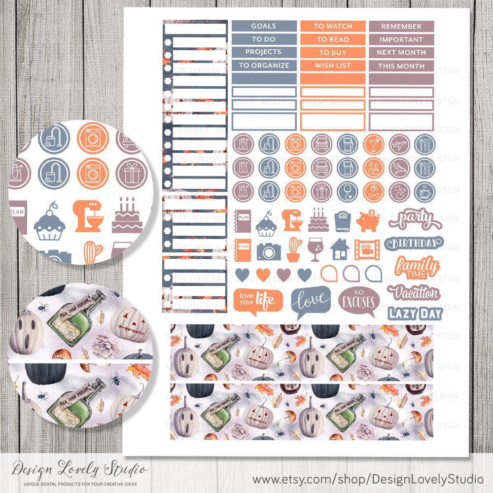 Printable October Monthly Kit, October Planner Stickers Kit, Halloween ...