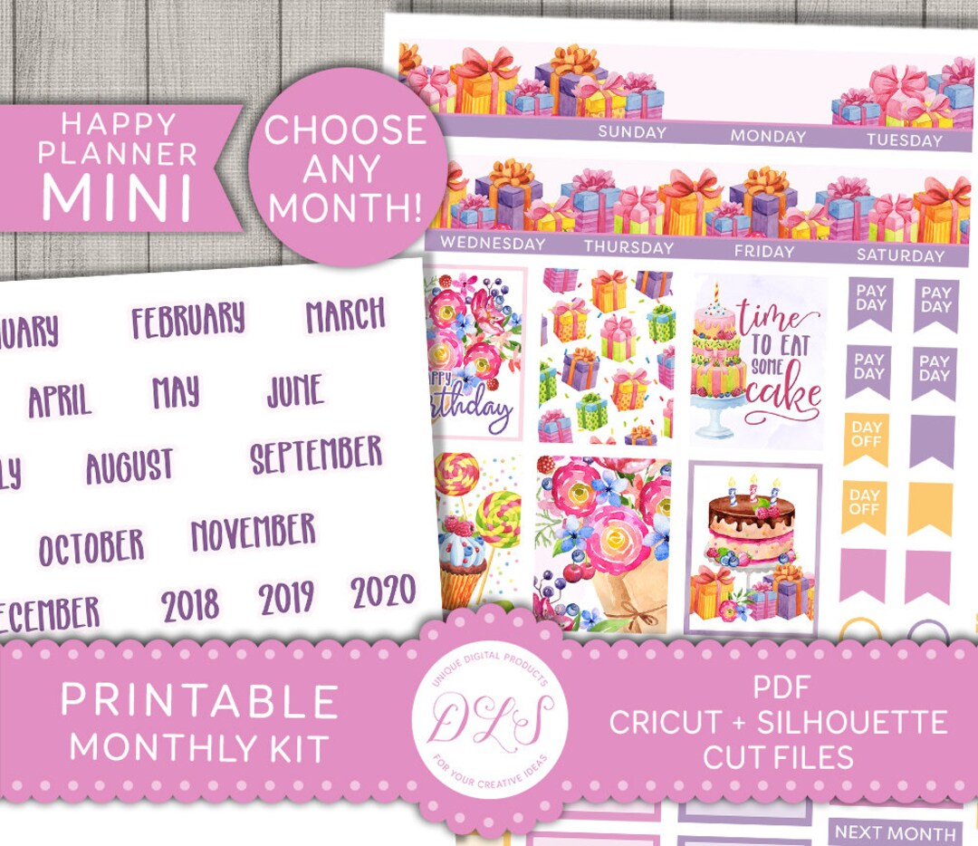 Mini Happy Planner Monthly Stickers, Birthday Planner Kit, Printable ...