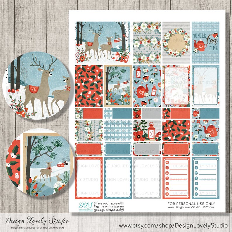 May include: A set of printable planner stickers featuring a winter theme with red and blue colors. The stickers include images of deer, teapots, lanterns, and floral patterns. The text "Winter Tea Time" is included on one of the stickers.