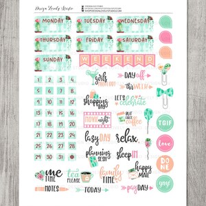 May include: A set of colorful planner stickers with a cactus theme. The stickers include days of the week, numbers, and phrases like "girls night out", "shopping days", "movie night", "lazy day", "relax", "planning session", "sleep in", "family time", "happy mail", "pay day", "me time", "tea please", "do ne", and "yay!"