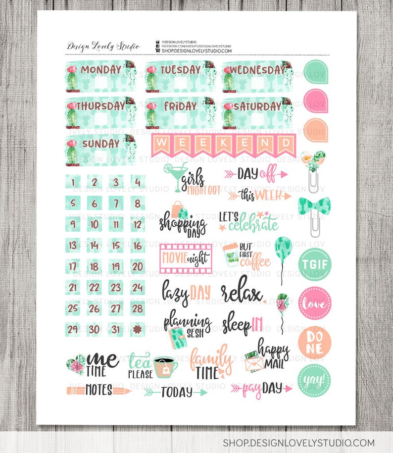 May include: A set of colorful planner stickers with a cactus theme. The stickers include days of the week, numbers, and phrases like "girls night out", "shopping days", "movie night", "lazy day", "relax", "planning session", "sleep in", "family time", "happy mail", "pay day", "me time", "tea please", "do ne", and "yay!"