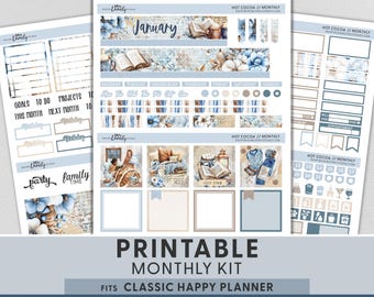 May include: A printable monthly kit for a Classic Happy Planner, featuring a winter theme with blue and beige floral designs. The kit includes stickers, labels, and decorative elements with the text "January", "Hot Cocoa", and "Party".