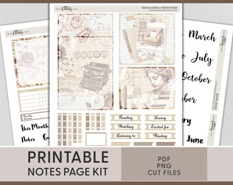 Book Lover Notes Page Kit, Bookworm Stickers, Dashboard Stickers, Reading, Bookish, Library, Boho, Vintage, Printable Stickers, ECN285