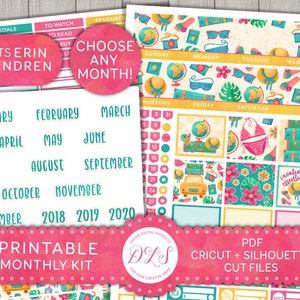 Printable Monthly Planner Stickers for Erin Condren Life Planner, Summer Vacation Planner Stickers, Choose Any Month Kit, Cutfile, ECE117