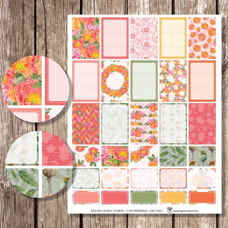 May include: A set of 24 printable planner stickers featuring floral patterns with poppy flowers, leaves, and geometric designs in shades of pink, orange, and green. The stickers are designed for personal use only.
