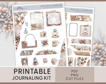 May include: Printable journaling kit with a winter theme. The kit includes a variety of stickers with images of snow, pine cones, lanterns, and other wintery elements. The stickers are designed to be used in journals, planners, and other paper crafts.