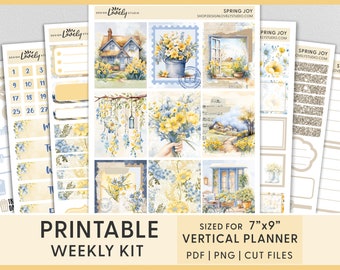 May include: Printable weekly planner kit with a spring theme. The kit includes a variety of stickers featuring yellow daffodils, blue flowers, and a cottage with a blue door. The stickers are sized for a 7 inch by 9 inch vertical planner.