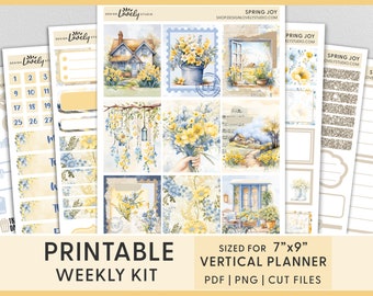 Spring Printable Planner Stickers, Floral Planner Stickers, Vertical Weekly Sticker Kit, Yellow, Blue, Erin Condren Stickers, VS254