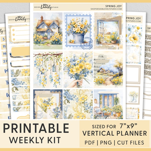 Spring Printable Planner Stickers, Floral Planner Stickers, Vertical Weekly Sticker Kit, Yellow, Blue, Erin Condren Stickers, VS254