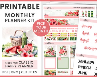 Puede incluir: Kit de planificador mensual imprimible con un diseño de acuarela que presenta sandías, flores y una cesta de picnic. El kit está diseñado para el Classic Happy Planner e incluye archivos PDF, PNG y de corte. El texto "Pick Your Month" aparece en la imagen.
