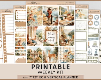Fall Mountain Printable Planner Stickers, Erin Condren Vertical Weekly Kit, Hiking Adventure, Cozy Cabin, VS309
