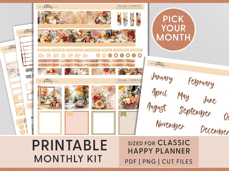 May include: Printable monthly kit with a fall foliage theme. Includes decorative stickers, planner elements, and calendar labels. The kit is sized for a classic Happy Planner and features the text "Pick Your Month".