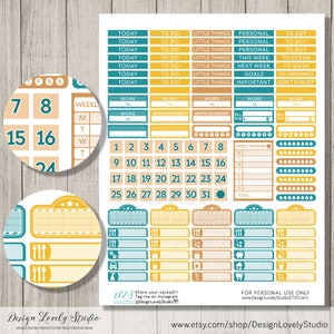May include: A set of printable planner stickers in teal, yellow, and orange with a variety of designs, including boxes, circles, and stars. The stickers feature text such as "Today", "To Do", "Little Things", "Personal", "Work", "Appointment", "Bill Due", "Weekly Spending", and "Total".