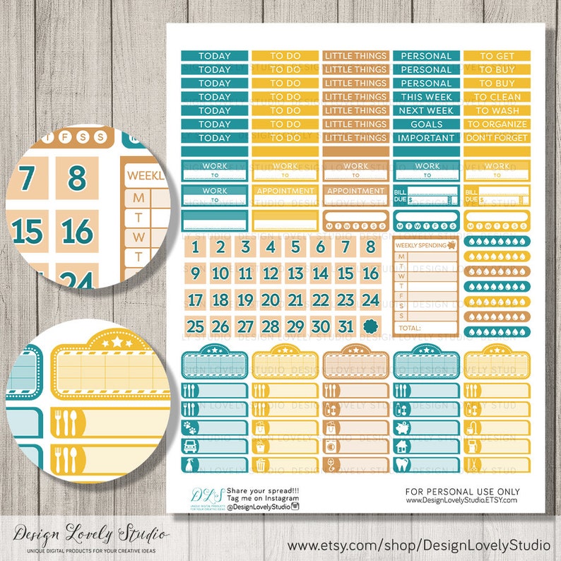 May include: A set of printable planner stickers in teal, yellow, and orange with a variety of designs, including boxes, circles, and stars. The stickers feature text such as "Today", "To Do", "Little Things", "Personal", "Work", "Appointment", "Bill Due", "Weekly Spending", and "Total".