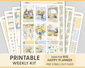 Spring Floral Planner Stickers for Big Happy Planner, Printable Stickers including Cut Files for Cricut & Silhouette, Digital Download,BW228